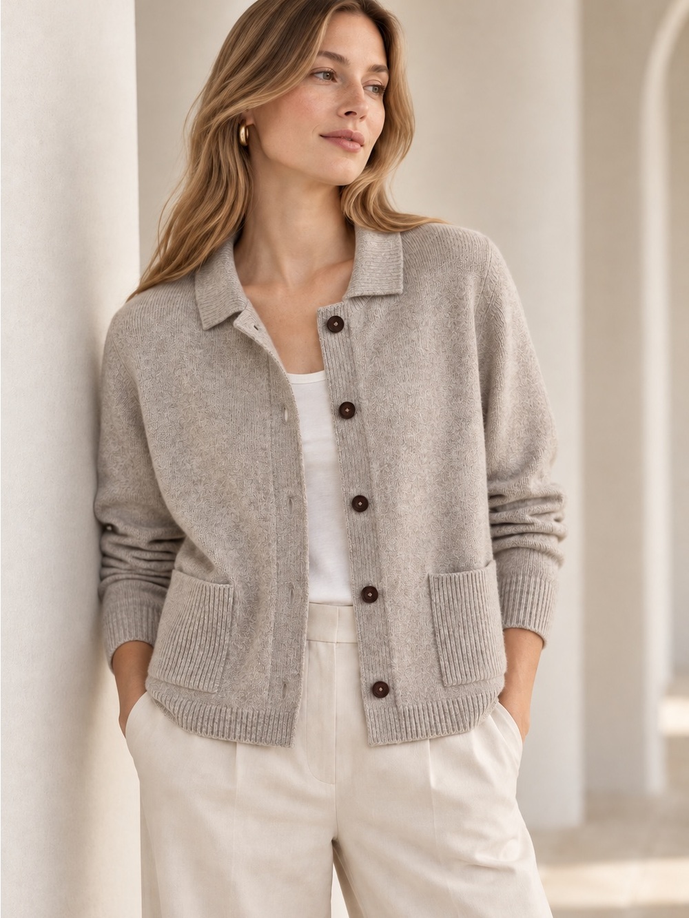Poetry Knitted Jacket 100% Cashmere Cardigan Patch Pockets Pebble Taupe US 12